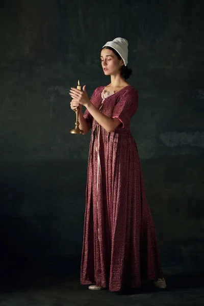 Evening Aesthetics Medieval Era Tender Woman Maid Historical Costume Holding — Stock Photo, Image