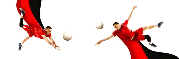 Wettbewerbsfähiger Junger Mann Volleyballspieler Der Auf Weißem Hintergrund Mit Abstrakten — Stockfoto