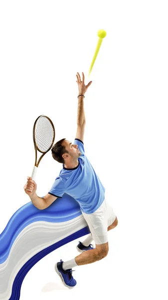 精明能干的人在白色背景下打网球 带有抽象的设计元素 当代艺术拼贴 创造力 动作和运动 健康的概念 创意设计 — 图库照片