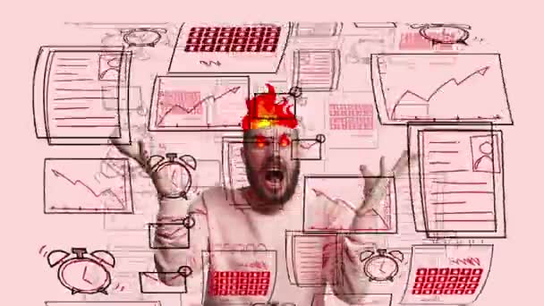 Палаюча Голова Чоловік Працівник Відчуває Стрес Сердитий Має Забагато Робочих — стокове відео