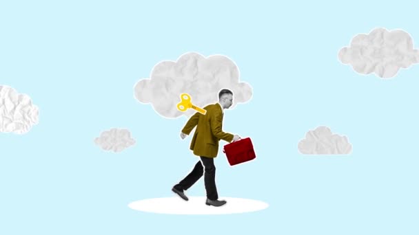 ブリーフケースとキーを備えたビジネスマンは 仕事に戻って歩くこと 雲の中で頭 働くためのエネルギーが必要です アニメーションを停止する ビジネス 心理学 プロの職業 広告の概念 — ストック動画