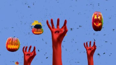 İnsan eli ile Cadılar Bayramı balkabaklarını mor arka planda yakalıyor. Hareket etmeyi, animasyonu durdurun. Cadılar Bayramı konsepti, kutlama, tatil, sürrealizm, ilham, parti. Banner, reklam. Ürkütücü bir gece