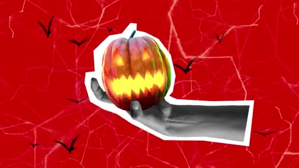 Mano Sosteniendo Calabaza Halloween Sobre Fondo Rojo Sangriento Alto Movimiento — Vídeo de stock