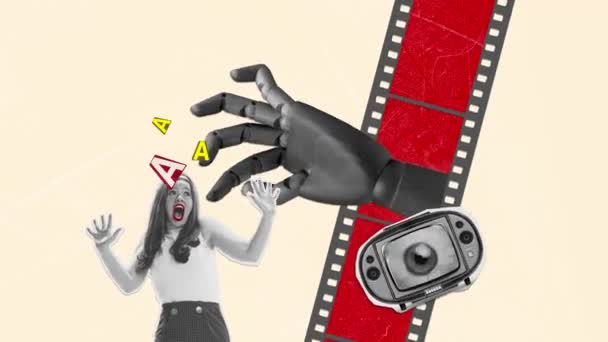 Hentikan Gerak Animasi Wanita Muda Menjerit Ketakutan Saat Menonton Film — Stok Video