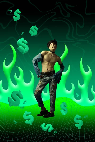 Queer Style Young Guy Extraordinary Cloth Dollar Symbols Green Flame — Stock Photo, Image