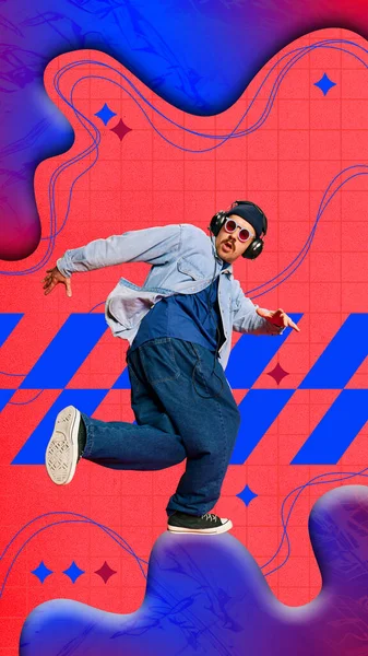 Young man in sport style clothes listening to music in headphones and dancing over abstract colorful background. Contemporary art collage. Concept of y2k style, creativity and inspiration. Poster, ad