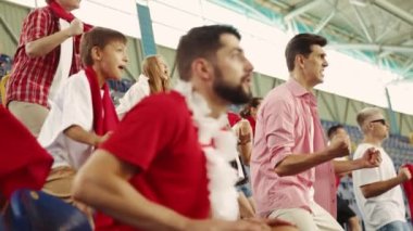 Genç duygusal insanlar, spor taraftarları favori takımı neşelendirmek için canlı futbol maçına katılıyor. Spor meraklıları. Spor, kupa, dünya, takım, etkinlik, rekabet, duygular, şampiyonluk, bahis
