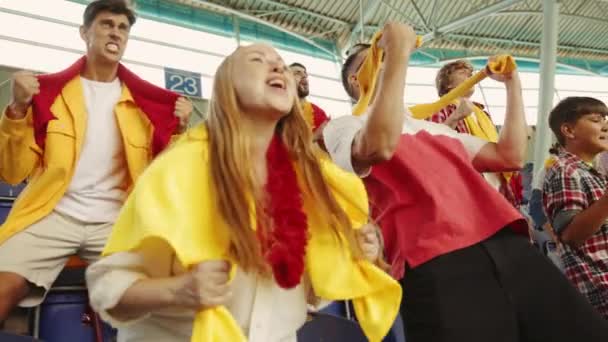 Grupa Entuzjastów Portu Uczestniczy Meczu Piłki Nożnej Emocjonalnie Krzyczy Doping — Wideo stockowe