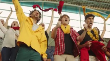 Bir grup duygusal genç insan, spor hayranları, hevesliler maç sırasında favori takımı neşelendiriyorlar. Spor konsepti, dünya kupası ve takımı, olay, rekabet, duygular, şampiyonluk, bahis