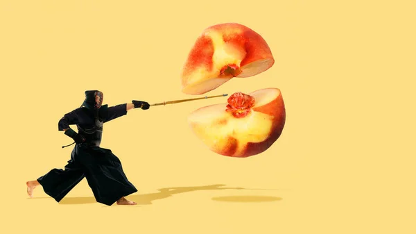 Active Young Man Kendo Athlete Cutting Peach Yellow Background Contemporary — Stock Photo, Image