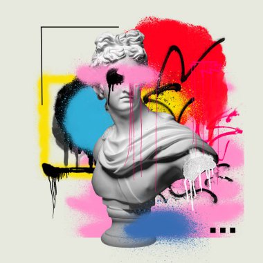 Renkli boyalarla boyanmış antik heykel büstü, açık arkaplanda grafiti. Sokak tarzı. Çağdaş sanat kolajı. Postmodern kavram, yaratıcılık, hayal gücü, pop sanat. Yaratıcı tasarım