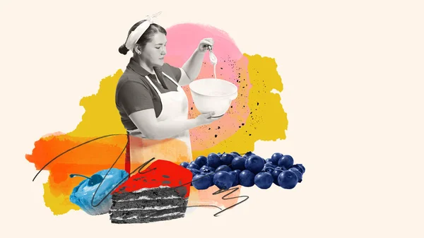 Jovem Mulher Chef Padeiro Com Tigela Fazer Massa Para Cozinhar — Fotografia de Stock