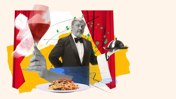 餐厅服务员 提供食物 美味的面食和红酒 当代艺术拼贴 招聘会 业余爱好 广告的概念 — 图库照片
