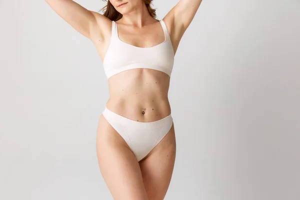 Cropped Image Slim Relief Female Body Breast Belly Model Posing — Stock Photo, Image