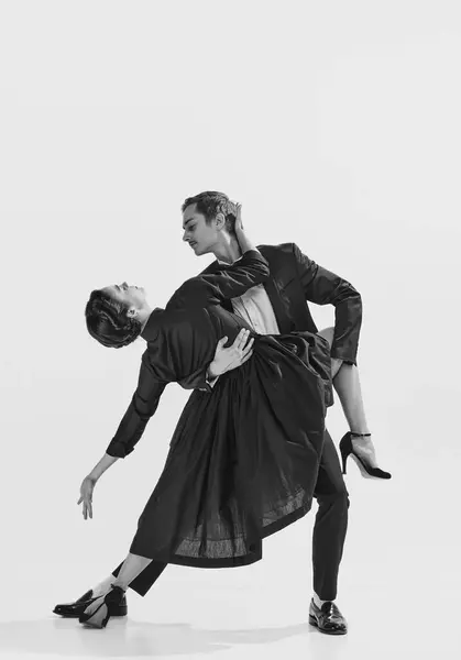 Elegance Pohybu Černobílý Krásný Pár Muž Žena Stylovém Tanci Koncept — Stock fotografie