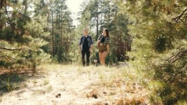 Genç bir çift, erkek ve kadın, sıcacık bir günde ormanda yürüyor, doğanın tadını çıkarıyor, konuşuyor. Mutluyum. Boş zaman kavramı, aktif yaşam tarzı, hobi, hafta sonları, doğa, ilişki