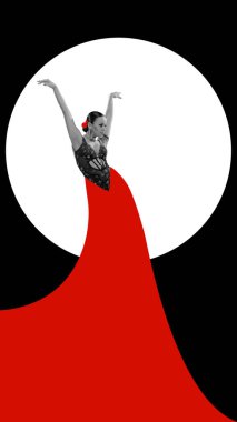 Zarif, güzel, çekici elbiseler içinde dans eden, renkli arka planda performans sergileyen genç bir kadın. Retro dans konsepti, klasik, hobi, yaratıcılık, ilham. Renkli tasarım. Poster, reklam