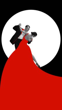 Aşk ve tutku. Zarif genç kadın ve yakışıklı erkek soyut arka planda romantik dans ediyorlar. Retro dans, vintage, hobi, yaratıcılık ve ilham kavramı. Renkli tasarım. Poster, reklam