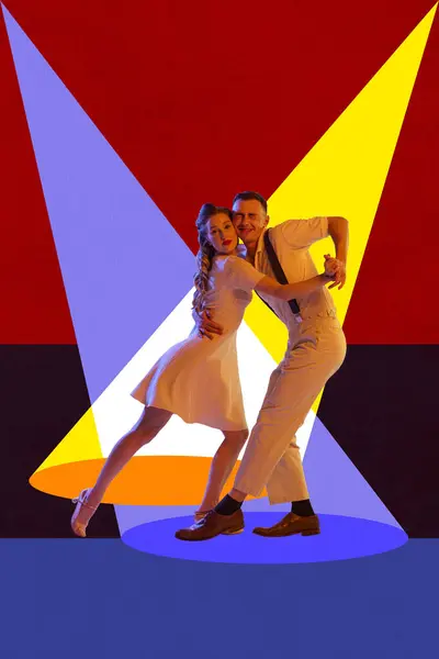 Jongeren Man Vrouw Stijlvolle Kleding Dansen Retro Dans Veelkleurig Design — Stockfoto