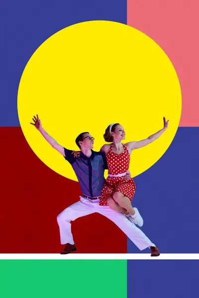 Young Positive Happy People Man Woman Dancing Retro Clothe Colorful — Stock Photo, Image