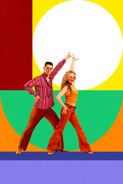 Artistic and expressive couple, stylish man and woman dancing, making performance over colorful abstract background. Concept of retro dance, vintage, hobby, creativity and inspiration. Poster, ad