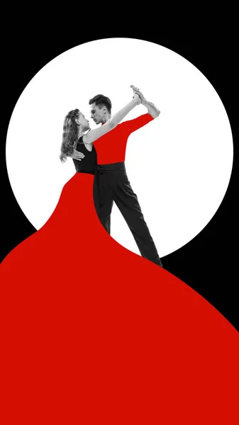 Love and passion. Elegant young woman and handsome man dancing romantic dance over abstract background. Concept of retro dance, vintage, hobby, creativity and inspiration. Colorful design. Poster, ad
