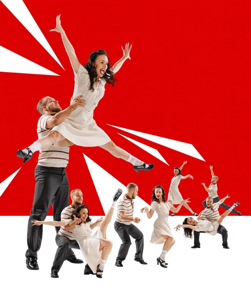 Positive Artistic Young Man Woman Cheerfully Dancing Red Background Party — Stock Photo, Image