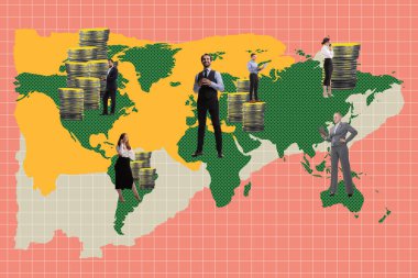 Dünyanın her yerinde ticaret. İş adamları, şirket geliştirme ve finansal büyüme üzerine çalışan ortaklar. Çağdaş sanat kolajı. İş anlayışı, ofis, ticaret pazarı, başarı. Poster, reklam
