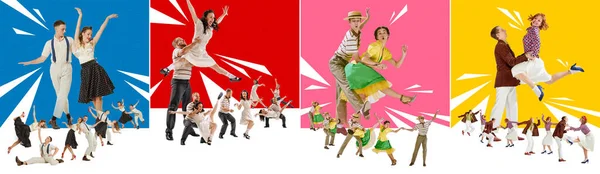 Collage Artistic Emotive Young People Men Women Cheerfully Dancing Retro — Stock Photo, Image