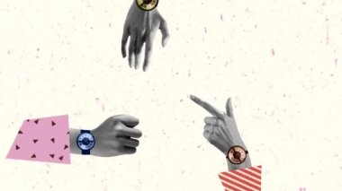 Zamanı tutar. İnsan eli estetik, arka planda el saati takıyor. Hareket etmeyi, animasyonu durdurun. İnsan ilişkileri, toplum, sembolizm, sürrealizm kavramı. Çağdaş sanat, modern tasarım