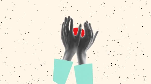 当代抽象艺术 停止运动 人类的手张开 红色的圆圈覆盖在苍白的背景上 创造力的概念 — 图库视频影像