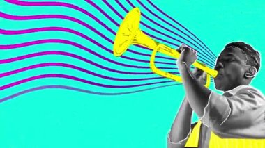 Yetenekli, genç, Afrikalı bir adam soyut mavi arka planda trompet çalıyor. Melodinin hoş sesleri. Hareket etmeyi, animasyonu durdurun. Müzik ve festival kavramı, ilham, sanat, eğlence, parti, etkinlik