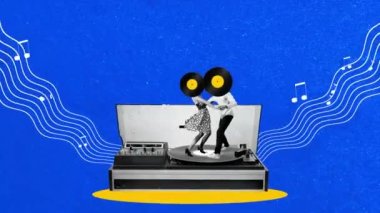 Gençler, erkek ve kadın retro vinil çalarla mavi arka planda dans ediyorlar. Kutlama, disko partisi. Hareket etmeyi, animasyonu durdurun. Müzik, festival, ilham, sanat, eğlence, parti, etkinlik kavramı