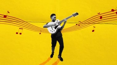 Olumlu, duygusal, sanatsal Afrikalı bir adam sarı arka planda gitar çalıyor. Caz, rock and roll. Hareket etmeyi, animasyonu durdurun. Müzik, festival, ilham, sanat, eğlence, parti ve etkinlik kavramı