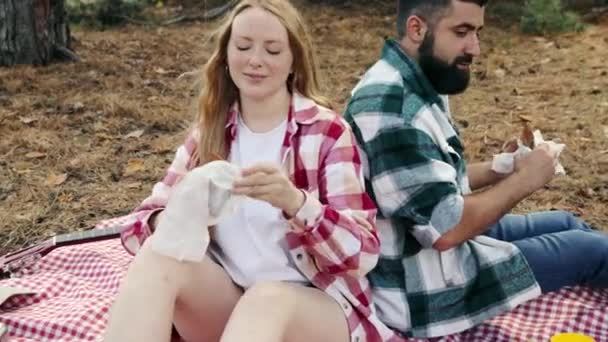 사랑스러운 남자와 여자는 시간을 보내고 숲에서 피크닉을하고 담요에 앉아서 샌드위치를 — 비디오