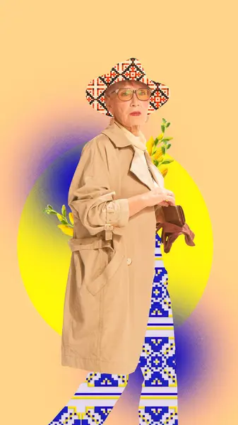 Elegant senior woman wearing stylish trench coat, hat an pants with ornament design over yellow background. Contemporary art collage. Concept of culture, traditions, diversity, nationality, creativity
