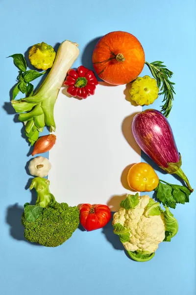 Horní Pohled Obraz Čerstvé Přírodní Zeleniny Modrém Pozadí Dýně Lilek — Stock fotografie