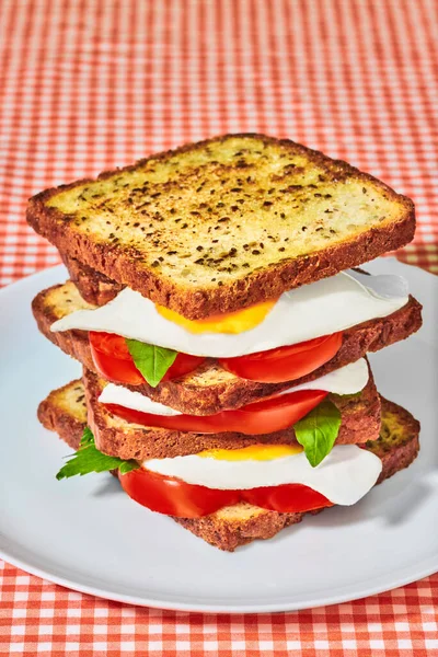 Toast for delicious breakfast. Toast bread, fiend eggs, tomatoes and basil on plate on checkered tablecloth. Concept of food, taste, health, creativity. Pop art photography. Poster. Copy space for ad