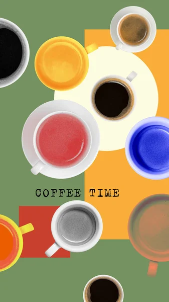 Творческий Дизайн Многими Чашки Вкусным Кофе Красочном Абстрактном Фоне Энергия — стоковое фото
