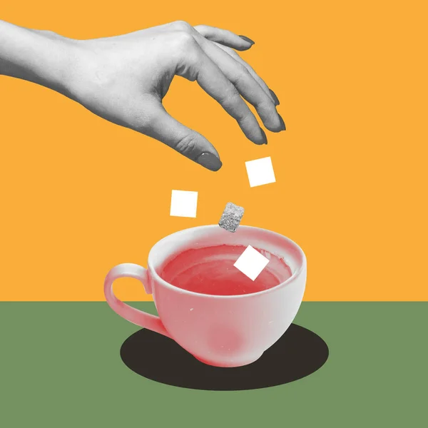 노란색 배경에 커피에 설탕을 에너지 음식과 창의성의 포스터 — 스톡 사진