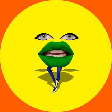 Tayt ve topuklu bir kadın bacağı, sarı arka planda yeşil ruj izi olan bir ağız. Çağdaş sanat kolajı. Yaratıcılık kavramı, sürrealizm, sanat eseri, hayal gücü. Pop sanat tasarımı. Poster
