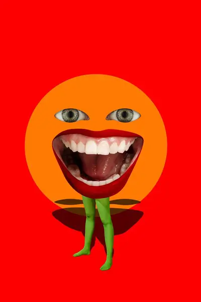 Uśmiechnięta Samica Usta Nogach Zielonych Rajstopach Jasnoczerwonym Tle Kolaż Sztuki — Zdjęcie stockowe