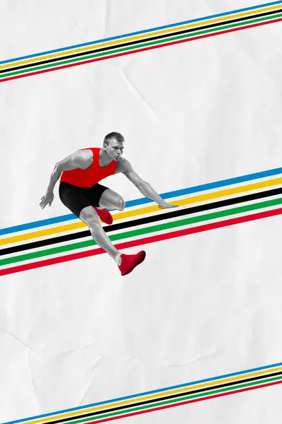 Giovane Uomo Concentrato Corridore Atleta Movimento Correre Saltare Barriera Collage — Foto Stock