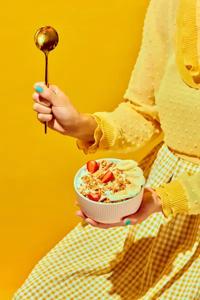 Woman Nice Outfit Holding Golden Spoon Bowl Muesli Cereal Berries — Stock Photo, Image