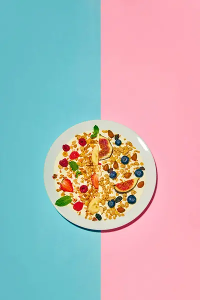Delicious Healthy Sweet Breakfast Bowl Muesli Berries Blue Pink Background — Stock Photo, Image