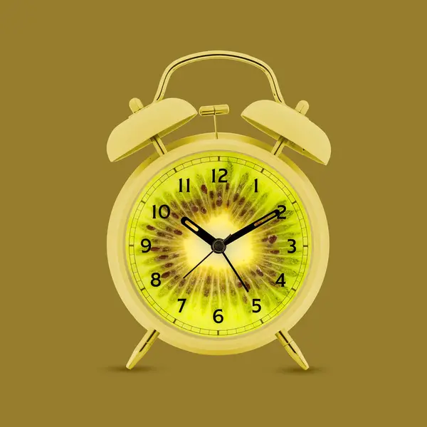 Creative Alarm Clock Kiwi Fruit Image Khaki Green Background Wake — Stock Photo, Image