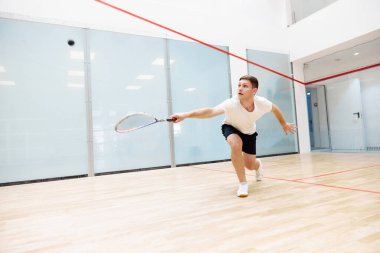 Spor giyim sektöründe oynayan genç bir adam squash kortunda squash antrenmanı yapıyor. Sağlıklı zaman geçirmek için. Spor anlayışı, hobi, sağlıklı ve aktif yaşam tarzı, oyun, spor salonu, reklam