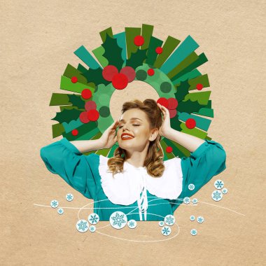 Şenlik havası. Mutlu, zarif elbiseli, bej arka planda, Noel çelengi takan güzel bir kadın. Çağdaş sanat kolajı. Kış mevsimi kavramı, tatiller, kutlamalar. İlan ve kartpostallar için tasarım