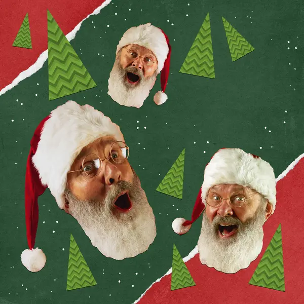 Ho ho ho. Holidays season is coming, Head of senior man, Santa expressing excited emotions. Contemporary artwork. Concept of winter season, holidays, Christmas, celebration. Design for ad, postcard