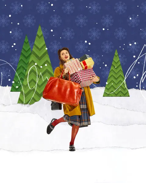 Beautiful young woman walking on snowy day with many Christmas boxes. Merry mood. Contemporary art collage. Concept of winter season, holidays, Christmas, celebration. Design for ad, postcard